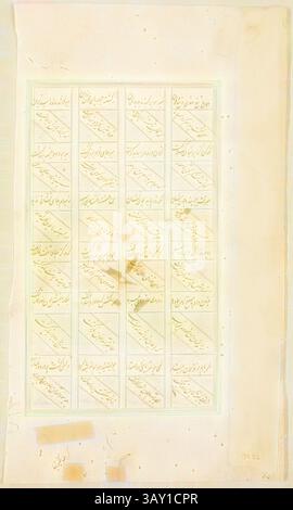 Un'antica pagina piena di complicate calligrafie, con linee di testo stilizzato disposte in modo ordinato in un motivo a griglia. La delicata sceneggiatura mostra la bellezza della scrittura tradizionale, con alcune righe che mostrano segni di età e usura., islamico, indiano, King Beheading Enemy, c. 1620, gouache e oro, pagina: 12 1/2 x 1/8 poll. (31,8 x 18,1 cm), arte classica con un tocco moderno reinventata da Artotop Foto Stock