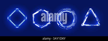 Set astratto di portali azzurri al neon o futuristici frame tecnologici HUD Illustrazione Vettoriale