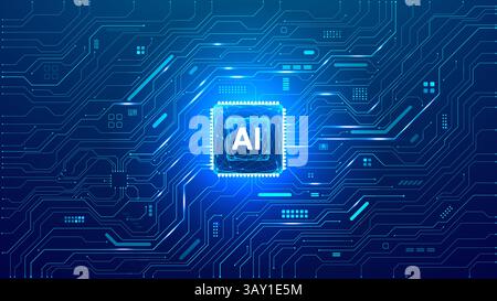 Background tecnologico. Sfondo blu tecnologia astratta. Chip AI Illustrazione Vettoriale