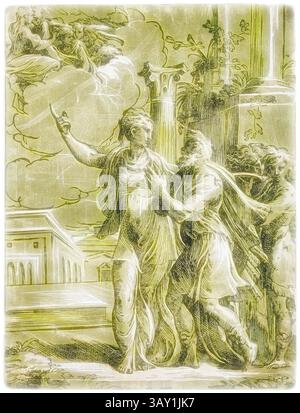 Una graziosa scena raffigura una figura prominente che si muove verso l'alto, circondata da nuvole eteree e architettura classica. Due individui sono impegnati in un'interazione dinamica, mentre le figure celesti si innalzano sopra, aggiungendo un senso di maestosità e presenza divina alla composizione., Antonio da Trento, italiano, 1508-1550, dopo Parmigianino, italiano, 1503-1540, Augusto e la Sibilla Tiburtina, XVI secolo, chiaroscuro stampato in inchiostro nero e verde su carta posata, immagine e foglio: 13 3/4 x 10 1/4 pollici (34,9 x 26 cm), arte classica con un tocco moderno reinventata da Artotop Foto Stock