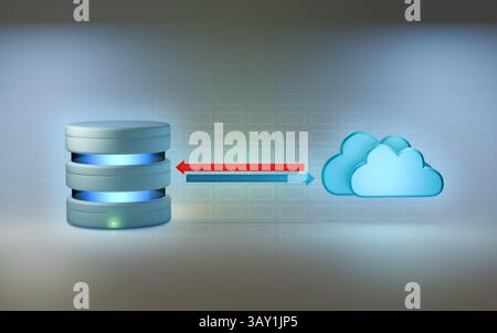 Sincronizzazione del database locale con il server cloud remoto. Illustrazione digitale, rendering 3D. Foto Stock