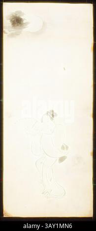 Una figura graziosa in abbigliamento tradizionale tiene un fan, incarnando eleganza e serenità. Nuvole morbide si innalzano sopra, migliorando l'atmosfera tranquilla della scena., Unknown (Giapponese), (Untitled), XVII/XVIII secolo, Ink and wash on paper, arte classica con un tocco moderno reinventata da Artotop Foto Stock