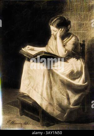Una giovane donna siede tranquillamente, profondamente coinvolta in un grande libro, la sua espressione premurosa mentre riflette sulle parole che le precedono. Il tessuto morbido del suo abito drappa elegantemente e la luce proietta ombre delicate, esaltando l'atmosfera serena del suo momento solitario., Francesco Bonvin, francese, 1817-1887, donna che legge, 1861, pastello nero, Foglio: 49,5 x 29,8 cm (19 1/2 x 11 3/4 pollici), arte classica con un tocco moderno reinventata da Artotop Foto Stock