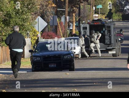 11 novembre 2016 - Boise, ID, USA - la polizia di Boise e la squadra SWAT rispondono ai colpi sparati in un vicolo lungo Irving Street a Boise, Idaho, venerdì 11 novembre 2016, durante una caccia all'uomo per un fuggitivo che si crede sia coinvolto in una doppia sparatoria a Meridan. (Immagine di credito: © Darin Oswald/TNS via ZUMA Wire) Foto Stock