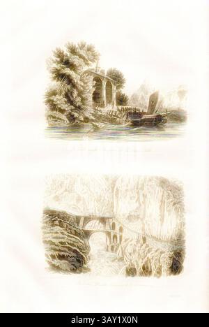 L'opera d'arte presenta due viste dettagliate: La scena superiore raffigura un tranquillo ambiente lungo il fiume con una caratteristica struttura annidata tra alberi lussureggianti, mentre la scena inferiore mostra un paesaggio drammatico caratterizzato da torreggianti scogliere e un ponte che si arrocca su una gola rocciosa, evidenziando la bellezza della natura e l'artigianato umano., Tays-platte. Chapelle de Guillaume Tell - Pont du Diable (l'ancien & le nouveau), sopra: Tell Chapel at Tellsplatte, sotto: Old and New Teufelsbrücke over Reuss, a p. 50, 1835, Alexandre Martin: La Suisse pittoresque et ses environs. Tableau général, descriptif, historique et sta Foto Stock