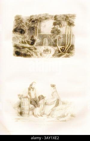 Un tranquillo paesaggio presenta una cascata che scorre circondata da alberi, mentre un gruppo di individui in abbigliamento tradizionale si impegna a conversare vicino a un cesto, evocando un senso di tranquillità e comunità. Il vecchio castello - Costumi contadini, sopra: Castello Hohenbaden (Castello Vecchio) a Baden-Baden, sotto: Contadini in abbigliamento tradizionale, a S. 270, 1835, Alexandre Martin: La Suisse pittoresque et ses environs. Tableau général, descriptif, historique et statistique des 22 cantons, de la Savoie, d'une partie du Piémont et du Pays de Bade. Parigi: Hippolyte Souverain, 1835, arte classica con una t Foto Stock
