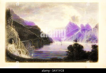 Un tranquillo paesaggio caratterizzato da un tranquillo lago circondato da maestose montagne, con dolci pendii parzialmente ricoperti di alberi. Una piccola barca galleggia sull'acqua, mentre delicate nuvole si spostano sopra, creando un'atmosfera eterea., Urnersee, sezione della ferrovia del Gottardo e Axenstrasse sul lago di Lucerna, firmato: J. Weber; Orell Füsssli & Co, M. sc, Fig. 10, p. 25, Weber, Johannes (del.); Orell Füssli & Co. (Ecc.), 1882, Jakob Hardmeyer: Die Gotthardbahn. Zürich: Druck, Verlag und Illustration von Orell Füssli & Co., [188-], arte classica con un tocco moderno reinventata da Artotop Foto Stock