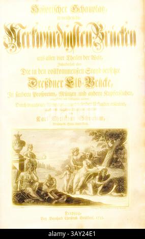 Un frontespizio ornato con intricate illustrazioni e calligrafie, raffiguranti scene storiche legate ai famosi ponti del mondo. La composizione comprende figure impegnate in varie attività, circondate da elementi decorativi, che evidenziano il significato dell'architettura e dell'ingegneria., Title vignette to 'Historical Venue in which the strangest bridge ...', figure allegoriche sedute intorno ad un albero, firmate: A. Wernerin delin, Christoph Raymund Thoman sculp, title vignette, Werner, Anna Maria (del.); Thomann von Hagelstein, Christoph Raimund (sc.); Breitkopf, Bernhard Chri Foto Stock