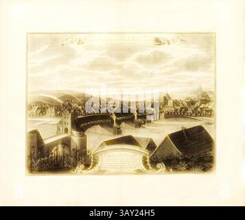 Una vista panoramica di una pittoresca città, caratterizzata da un ponte prominente che si innalza su un fiume, circondato da edifici affascinanti e colline ondulate sotto un vasto cielo. Elementi decorativi esaltano i dettagli architettonici, trasmettendo un senso di storia e tranquillità., prospettiva del ponte artificiale dell'Elba a Meissen con un Hängewerck, Ponte dell'Elba a Meissen, firmato: I. A. Richter del, C. F. Boëtius Sculps, Fig. 16, no 20, dopo P. 96, Richter, Johann Adolf (del.); Boetius, Christian Friedrich (sc.); Breitkopf, Bernhard Christoph (ed.), 1735, Carl Christian Schramm: Historischer Schauplatz in W Foto Stock