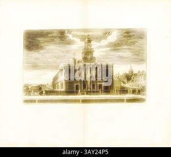 Un'intricata illustrazione architettonica di un grande edificio caratterizzato da una torre dell'orologio, adornata da sculture ed elementi decorativi. Sullo sfondo, un cielo spettacolare completa il paesaggio storico della città, suggerendo eventi e storie del passato legati a questo punto di riferimento: La pompa di Samaritan, la stazione di pompaggio la Samaritaine per l'approvvigionamento idrico del Louvre e il Jardin des Tuileries di Parigi, Fig. 47, no 58, dopo P. 96, Breitkopf, Bernhard Christoph (ed.), 1735, Carl Christian Schramm: Historischer Schauplatz in welchem die merkwürdigsten Brücken aus allen Theilen der Welt, insonderheit aber die in den vo Foto Stock