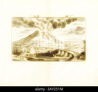 Un vulcano in eruzione domina il paesaggio, circondato da vorticose nuvole di cenere. In primo piano, un tranquillo villaggio e un ponte di pietra contrastano con il drammatico evento naturale, mentre montagne lontane incorniciano la scena. L'opera d'arte cattura il potere della natura in mezzo a serene abitazioni umane: Ponte la Nunziata sotto il Vesuvio, ponte vicino a Torre Annunziata e Vesuvio, Fig. 60, no 72, dopo P. 96, Breitkopf, Bernhard Christoph (ed.), 1735, Carl Christian Schramm: Historischer Schauplatz in welchem die merkwürdigsten Brücken aus allen Theilen der Welt, insonderheit aber die in d Foto Stock