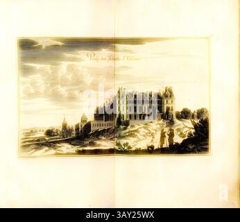 Un grande castello sorge maestosamente su una collina, circondato da vegetazione lussureggiante e da un paesaggio aperto. Nuvole spettacolari riempiono il cielo, gettando ombre sulla vasta tenuta. In primo piano, due figure guardano verso l'edificio, aggiungendo un senso di scala all'imponente architettura., Prosp. Castello Desz Escoan, Château d'Écouen vicino a Parigi (Francia), Fig. 88, p. 97, 1661, Martin Zeiller: Topographia Galliae, oder Beschreibung und Contrafaitung der vornehmbsten und bekantisten Oerter in dem mächtigen und grossen Königreich Franckreich: Beedes auss eygner Erfahrung und den besten und berühmbtesten SC Foto Stock