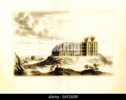 Una grande struttura architettonica sorge in cima a una collina, circondata da paesaggi ondulati e nuvole spettacolari. Il design dettagliato presenta più guglie e finestre intricate che riflettono un'epoca passata di eleganza e maestria artigianale. In primo piano, le figure sono raffigurate camminando, aggiungendo un senso di scala all'imponente edificio., Prosp. Castello di Desz St. Maur 2 Meyl di Parys, Château de Saint-Maur vicino Parigi (Francia), Fig. 101, dopo p. 97 del 1661, Martin Zeiller: Topographia Galliae, oder Beschreibung und Contrafaitung der vornehmbsten und bekantisten Oerter in dem mächtigen und grossen Königreich p. Foto Stock