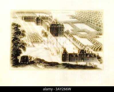 Una vista aerea dettagliata di una grande tenuta, caratterizzata da elaborati giardini e campi ordinati. L'architettura mette in mostra strutture imponenti, con sentieri che si snodano nel paesaggio e figure che passeggiano, catturando l'essenza di un raffinato ambiente storico, Costa di Villiers, Château de Villers-Cotterêts in Francia, Fig. 113, p. 97, 1661, Martin Zeiller: Topographia Galliae, oder Beschreibung und Contrafaitung der vornehmbsten und bekantisten Oerter in dem mächtigen und grossen Königreich Franckreich: Beedes auss eygner Erfahrung und den besten und berühmbtesten Scribenten, so in u Foto Stock