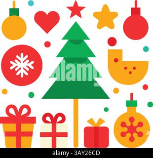 Icone natalizie colorate per uso grafico, elementi natalizi: Babbo Natale, cappello, campana, albero, luce, regalo, leggi hart, regalo di Natale, stella, Illustrazione Vettoriale