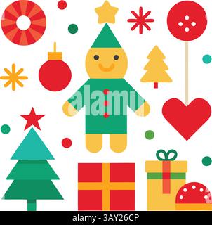 Set di icone delle feste per il design natalizio, elementi natalizi: Babbo Natale, cappello, campana, albero, luce, regalo, leggi hart, regalo di Natale, stella, Illustrazione Vettoriale