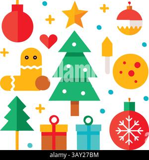 Collezione di icone natalizie in stile piatto, elementi natalizi: Babbo Natale, cappello, campana, albero, luce, regalo, leggi hart, regalo di Natale, stella, Illustrazione Vettoriale