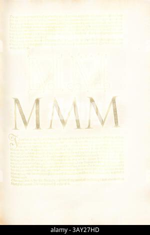L'immagine presenta una pagina adornata da intricate lettere, con caratteri "M" stilizzati in modo preminente. Lo sfondo è pieno di testo debole ed elementi decorativi, creando un senso di significato storico e artistico., lettera maiuscola M, costruzione della lettera M dal carattere serif di Dürer, F. 60v, p. 125, Dürer, Albrecht, 1525, Albrecht Dürer: Underweysung der Messung, mit dem Zirckel und Richtscheyt, in Linien ebnen unnd gantzen Corporen. [Nürnberg], [s. n.], [1525.], arte classica con un tocco moderno reinventata da Artotop Foto Stock