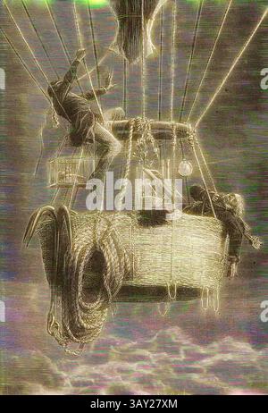 Una mongolfiera d'epoca si snoda attraverso un cielo nuvoloso, mostrando una scena stravagante con un cestino contenente due personaggi e varie provviste. Gli intricati dettagli del tessuto e dell'attrezzatura del pallone aerostatico creano un senso di avventura ed esplorazione. Il signor Glaisher sviene nel suo cesto all'altezza di 11000 metri, inconscio James Glaisher e Henry Tracey Coxwell a circa 11.000 metri di altitudine durante il giro in mongolfiera del 5 settembre 1862, firmati: C. Laplante; Émile Bayard ?, Fig. 11, p. 61, Laplante, Charles (del.); Bayard, Émile (sc.), 1870, James Glaisher; Camille Flammarion; Wilfrid de Fonv Foto Stock