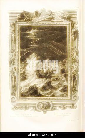 Un paesaggio marino spettacolare con onde tumultuose che si infrangono su una costa, incorniciate da elementi decorativi decorativi. L'interazione di luce e ombra crea un'atmosfera dinamica, suggerendo sia movimento che intensità nella scena., vento bollente, parallelo titolo: Tempeste di mare, firmato: J. A. Fridrich sculture, incisione su lastra di rame, piatto DLXIX, Füssli, Johann Melchior; Fridrich, Jacob Andreas (sculps.), 1731, Johann Jakob Scheuchzer: Kupfer-Bibel (...). Augspurg und Ulm: Gedruckt bey Christian Ulrich Wagner, 1731-1735, arte classica con un tocco moderno reinventata da Artotop Foto Stock