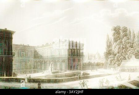 Un edificio storico dall'architettura elegante sorge in primo piano, circondato da alberi lussureggianti e da un giardino ben tenuto. In primo piano, le figure in abito d'epoca passeggiano piacevolmente, mentre una statua è posizionata centralmente nel cortile, aggiungendo alla grandiosità della scena, Firenze. Palazzo Pitti, lato giardino di Palazzo Pitti a Firenze, firmato: D. del, Audot edit, Durau sc, Fig. 12, secondo P. 62, Durau, Louis (sc.); Audot, Louis Eustache (modifica), 1837, Davide Bertolotti: l'Italia, descritta e dipinta con le sue isole di Sicilia, Sardegna, Elba, Malta, Eolie, di Calipso, ecc. [. Foto Stock