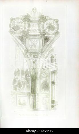 Un complesso complesso architettonico presenta dettagliate incisioni ornamentali, tra cui medaglioni circolari e figure, evidenziate da eleganti motivi che esaltano la grandezza generale dello spazio., stanza della Segnatura, Vista interna stanza della Segnatura in Vaticano, firmata: Nohl, Fig. 152, S. 303, Nohl, Max, 1867, Jacob Burckhardt; Wilhelm Lübke: Geschichte der neueren Baukunst. Stoccarda: Verlag von Ebner & Seubert, 1867., arte classica con un tocco moderno reinventata da Artotop Foto Stock