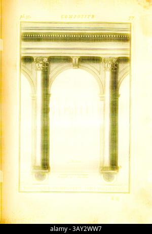 Un'illustrazione dettagliata dell'architettura classica caratterizzata da due eleganti colonne composite, adornate da capitelli ornati e adagiate su uno sfondo che ne mette in risalto la grandezza. Il design enfatizza la simmetria e la precisione architettonica, mettendo in risalto la bellezza degli elementi classici. Portico composito senza piedistallo, colonne composito senza piedistallo, PL. 31, p. 77, 1720, Augustin-Charles d'Aviler: Cours d'Architecture: Qui comprend les ordres de Vignole, avec des commentaires, les figures & description de ses Plus beaux bâtimens, & de ceux de Michel-Ange, plusieurs nouveaux desseins, orne Foto Stock