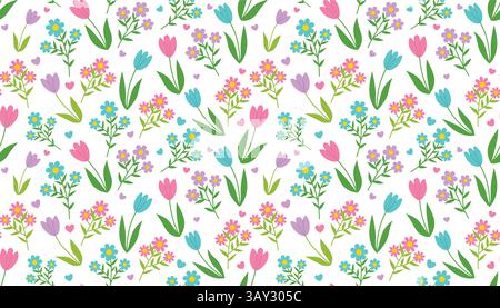 Colorato motivo primaverile senza cuciture con tulipani e altri fiori. Carta da imballaggio primavera con fiori e cuori folli in stile cartoni animati. Illustrazione Vettoriale