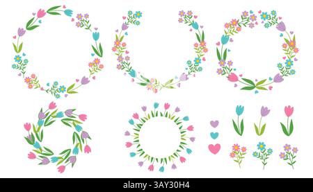 Telai rotondi con fiori primaverili. Corone di tulipani, bordi arrotondati e collezione di fiori. Illustrazione Vettoriale