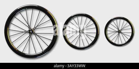 Ruote per biciclette di tre dimensioni diverse. Illustrazione Vettoriale