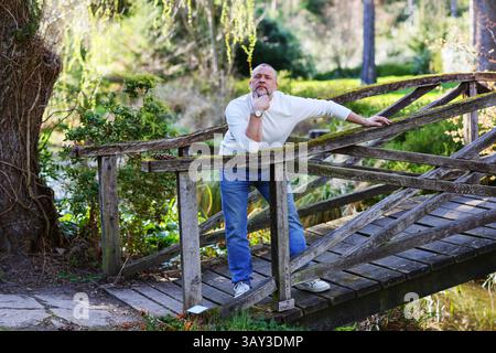 Uomo maturo in piedi con sicurezza su un ponte rustico in legno in una lussureggiante foresta verde, godendosi un momento di pace nella natura. Foto Stock