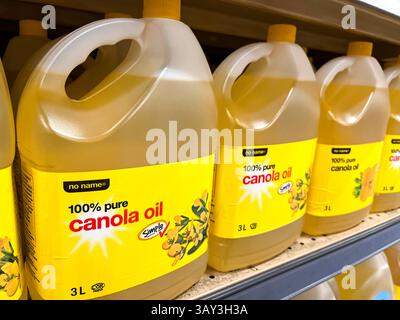 Newmarket, Ontario, Canada - 9 aprile 2025: Olio di canola di marca senza nome in contenitori di plastica da 3 l sullo scaffale del negozio Real Canadian Superstore Foto Stock