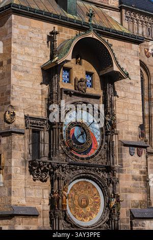 Vista dettagliata dell'iconico orologio astronomico di Praga che mostra l'intricato artigianato medievale e la ricca architettura storica nel cuore dell'o Foto Stock