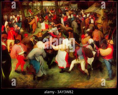 Un vivace raduno si svolge in una vivace scena all'aperto, piena di gruppi di persone impegnati in feste tradizionali. L'abbigliamento colorato caratterizza la folla mentre danzano e interagiscono tra tende e alberi, incarnando un senso di gioia e comunità. L'atmosfera è vibrante, traboccante di movimento e celebrazione., Pieter Bruegel il Vecchio, olandese, 1525-1569, The Wedding Dance, 1566, olio su pannello di legno, senza cornice: 47 x 62 pollici (119,4 x 157,5 cm), arte classica con un tocco moderno reinventata da Artotop Foto Stock