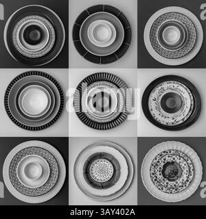 Piastre e ciotole monocromatiche con diversi motivi geometrici formano una disposizione straordinaria in una griglia. Ogni ambientazione presenta un design e una texture complessi Foto Stock