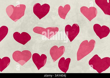 Affascinante motivo senza cuciture con cuori ad acquerello nelle tonalità del rosa e del rosso su uno sfondo morbido. Perfetto per San Valentino, matrimoni e romanticismo Foto Stock