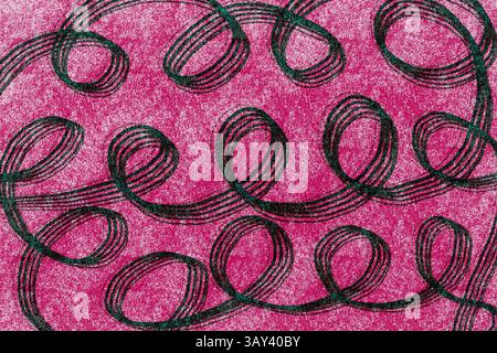 I loop disegnati in pastello di varie dimensioni su uno sfondo rosa ruvido creano un'illustrazione astratta coinvolgente. Foto Stock