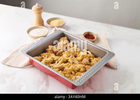 Fiori di cavolfiore cotti al forno ricoperti di pangrattato e spezie, guarniti con formaggio. Servito in un elegante piatto da forno in metallo su un ripiano in marmo, Foto Stock