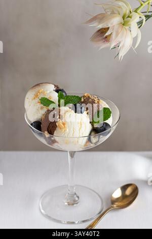 Un sofisticato gelato alla vaniglia e al cioccolato adornato con mirtilli freschi, foglie di menta e pezzi di cioccolato, presentato in un elegante g Foto Stock