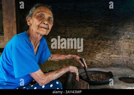 Una donna anziana con una camicia blu si siede accanto a una stufa rustica, tostando i chicchi di caffè balinesi in una padella. È in un ambiente tradizionale, che riflette un semplice Foto Stock