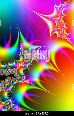 Questa immagine presenta un'accattivante visualizzazione di motivi frattali colorati, ideale per sfondi, sfondi o progetti artistici digitali. Foto Stock