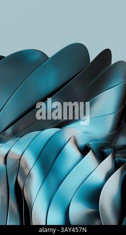 Un'accattivante immagine astratta con onde blu metallizzate in un design 3D dinamico e fluido. La texture uniforme e la sfumatura danno un senso di movimento e. Foto Stock