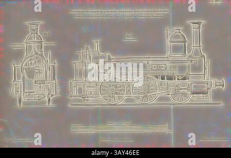 Un progetto dettagliato che mostra il design di una locomotiva a vapore d'epoca, mettendo in evidenza i suoi componenti complessi e le caratteristiche tecniche. Locomotiva per camion sulla Herzogl. Braunsch. Ferrovia costruita nella fabbrica di ingegneria di Georg Egestorff a Linden prima di Hannover, Fig. 1: Vista laterale della locomotiva, fig. 2: Vista finale della scatola antincendio, firmata: Heusinger v., W, Lith., V, J. Lehnhardt; Publisher v., CH. W. Kreidel, Plate XXXIX, dopo pag. 175, Heusinger von Waldegg, Edmund; Lith. Anstalt von J. Lehnhardt (lith.); Christian Wilhelm Kreidel Verlag (ed.), Edmund Heusinger von Waldegg; Wilhelm Foto Stock