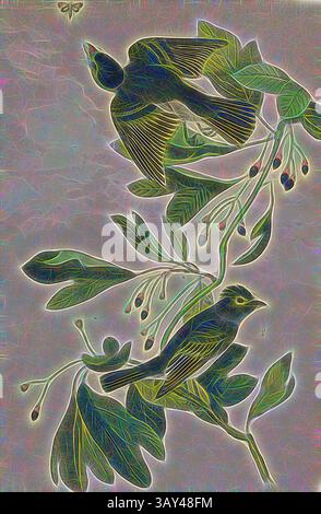 Raffigurazione stilizzata di un uccello arroccato su rami adornati con foglie e germogli delicati, che trasmette un senso di tranquillità e bellezza naturale., piccolo Flycatcher di Crested Verde - Sassafras Laurus Sassafras, Flycatcher (Muscicapa acadica), Sassafras Tree (Sassafras albidum), firmato: J.J. Audubon, J.T. Bowen, litografo, PL. 62 (vol. 1), Audubon, John James (disegnato); Bowen, J. T. (lith.), 1856, John James Audubon: The Birds of America: da disegni realizzati negli Stati Uniti e nei loro territori. New York: Audubon, 1856 anni, arte classica con un tocco moderno reinventata da Artotop Foto Stock