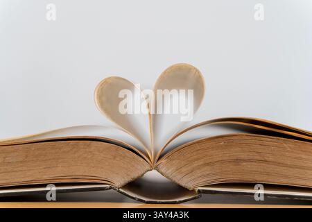 Cuore dalla pagina del libro per san valentino con sfondo chiaro sfocato e tonalità vintage. Le pagine del libro si piegano per formare il cuore Foto Stock