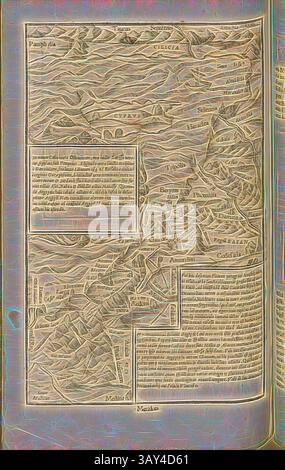 Una mappa dettagliata e intricata con varie regioni geografiche, città antiche e monumenti importanti, che mostra una miscela di elementi cartografici e descrizioni di testo., Middle East, Map of the Middle East from the XVI secolo, firmata RMD, Fig. 67, dopo P. 1001, Deutsch, Hans Rudolf Manuel, 1552, Sebastian Münster: Cosmographiae universalis Lib. Vi. In quibus, iuxta certioris fidei scriptorum traditionem describuntur, Omniu[m] habitabilis orbis partiu[m] situs [...] Omnium gentium mores, leges, religio, res gestae, mutationes [...]. Liber quintus. [Basilea]: [Petri], [1552 Foto Stock