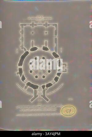 Un dettagliato progetto architettonico caratterizzato da un design circolare con pareti circostanti e un ingresso, accompagnato da un emblema circolare sul fondo. La disposizione suggerisce una pianta ben strutturata, possibilmente per un edificio o una struttura complessa., St. Sepulchre's Church, Northampton, planimetria della chiesa il Santo Sepolcro di Northampton, firmata: Incisa da John Roffe, da un disegno di J. Britton, Fig. 20, PL. I, pag. 12, Britton, John (disegno); Roffe, John (engr.), 1807, John Britton: le antichità architettoniche della Gran Bretagna: rappresentate e illustrate in una serie di viste, altitudini Foto Stock