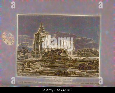 Raffigurazione stilizzata di un edificio storico caratterizzato da intricati dettagli architettonici, ambientato su un cielo drammatico con motivi vorticosi, che mostrano una miscela di natura e strutture artificiali., Croyland Abbey Church, S. W. View, Lincolnshire, Crowland Abbey Church nel Lincolnshire, firmata: Incisa da Dauthmare da un disegno di P. S. Munn; pubblicata da Longman & Co, Fig. 26, PL. I, dopo p. 84, Munn, Paul Sandby (disegno); Dauthmare (incisione); Longman & Co. (pubblicato), 1812, John Britton: The Architectural Anticeities of Great Britain: rappresentato e illustrato in una serie di vedute Foto Stock