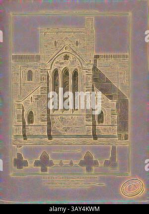 Una rappresentazione stilizzata di una grande struttura architettonica caratterizzata da intricati lavori in pietra, alte finestre e dettagliate incisioni, adagiate su una tranquilla caratteristica d'acqua in primo piano. Il design mette in risalto gli elementi ornati dell'edificio, creando una rappresentazione visivamente impressionante., Romsey Church, Hampshire, elevazione dell'estremità occidentale, Elevation of the Romsey Abbey Church a Romsey, Hampshire, firmato: Disegnato da G. Cattermole; Etch'd di John le Keux; pubblicato da Longman & Co, Fig. 39, pag. 260, Cattermole, George (disegno); Keux, John le (etching); Longman & Co. (pubblicato), 1819, John Britton: The Foto Stock