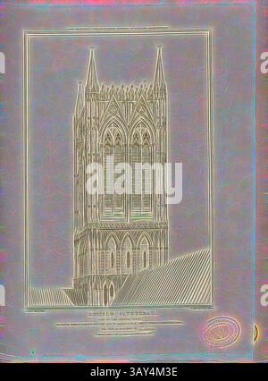 Un'alta torre dal design complesso si innalza nel cielo, mostrando elementi architettonici gotici con archi a punta e dettagliate opere in pietra. La struttura si erge ben sopra i tetti circostanti, evocando un senso di storia e grandezza. La Cattedrale di Lincoln, vista sulla torre centrale, la Cattedrale di Lincoln, Lincolnshire, firmata: Disegnata da A. Pugin; Etch'd di J. le Keux; pubblicata da Longman & Co, Fig. 60, pag. 260, Pugin, Augustus Charles (disegno); Keux, John le (incisione); Longman & Co. (pubblicato), 1820, John Britton: The Architectural Antiques of Great Britain: represented and Foto Stock